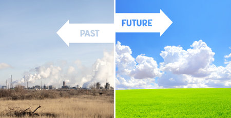 Past and future concept. Eco issue. Ecology, nature, pollution and clean energy. Environmental pollution. Before and after - factory plant smokes with smog and scene with blue sky, green grassの写真素材