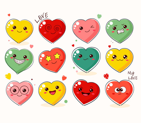 Cute Valentine heart in kawaii style. Collection of heart-shaped emoticons with different mood. Set of cute funny hearts with emoji faces in different expressions. Vector illustration EPS8のイラスト素材