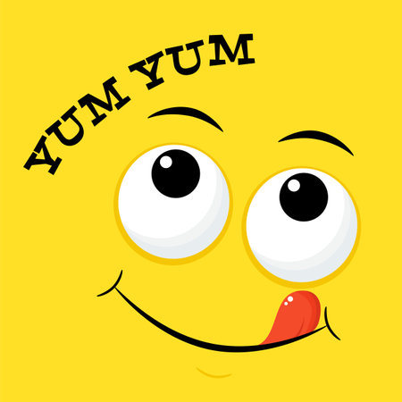 Yummy emoji. Smiling yummy emoticon on yellow background. Inscription Yum yum. Tasty food, gourmet enjoying taste, cook icon. Can be used with t-shirt, stickers, card design. Vector illustration EPS8のイラスト素材