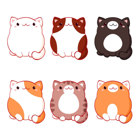 Set of cute fat cats kawaii style. Collection of lovely kitty of various colours. Baby set with little pets. Can be used for t-shirt print, sticker, greeting card design. Vector illustration EPS8のイラスト素材