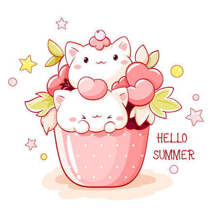 Summer card with cute dessert in kawaii style. Two little cats and cupcake with whipped cream and cherry. Inscription Hello summer. Can be used for t-shirt print, sticker, greeting card. Vector EPS8のイラスト素材