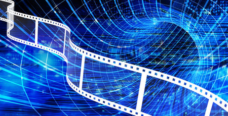 Horizontal background with old retro film strip, mesh tunnel and abstract circuit board. Cyber technology in movie and photography concept. Reel cinema filmstrip on futuristic backdrop. 3d renderの写真素材