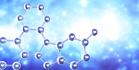 Horizontal banner with model of abstract molecular structure. Background of blue color with glass atom model. Copy space for your text. 3d renderの写真素材