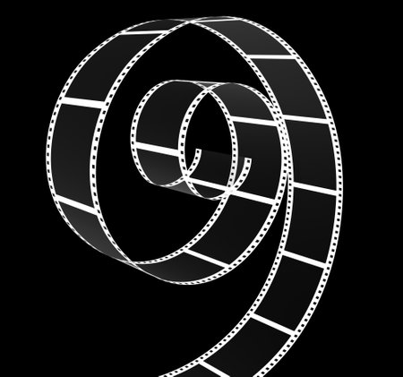 Old retro film strip with empty transparent frames. Isolated on black background. Reel cinema filmstrip template. Vintage movie and photography design. 3d renderの写真素材