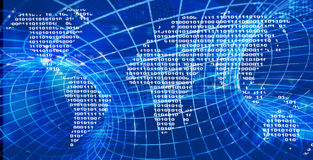 Horizontal futuristic background with mesh tunnel, map of the world from a binary code and abstract circuit board. Global communication, cyber technology, internet and networking concept. 3d renderの写真素材