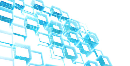 Horizontal abstract background with modern block boxes pattern. Blue and white backdrop with shape designs, geometric blocks and squares layered. Copy space for text. 3d renderの写真素材