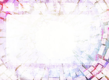 Grunge background with old paper texture and retro filmstrip frame. Horizontal or vertical retro banner with film reel. Vintage colourful backdrop. Copy space for textの写真素材