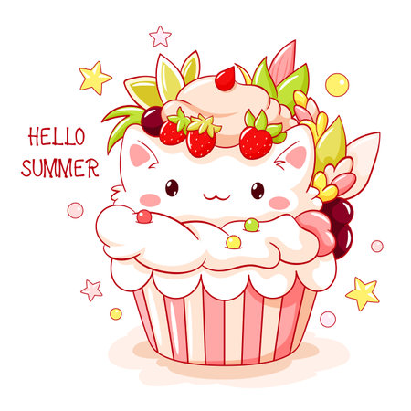Summer card with cute dessert in kawaii style. Little cat and cupcake with whipped cream and strawberry. Inscription Hello summer. Can be used for t-shirt print, sticker, greeting card. Vector EPS8のイラスト素材