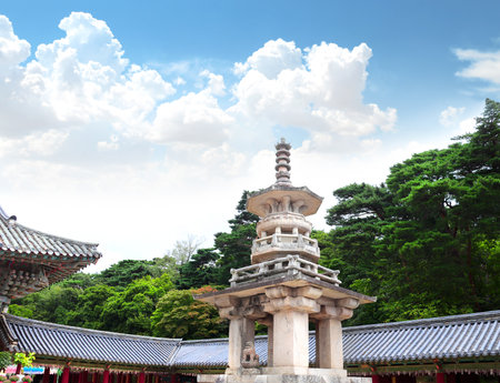 Famous Dabotap Pagoda and roofs of Bulguksa temple, Gyeongju, South Korea. Dabo Pagoda (Pagoda of many treasures) in Bulguksa temple complex on Tohamsan, Jinhyeon-dong, Gyeongju, Republic of Koreaの写真素材