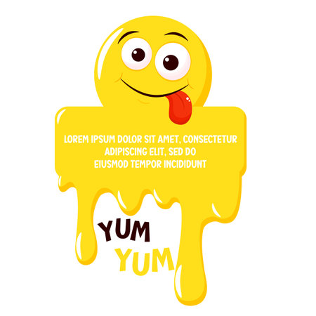 Honey banner with yummy emoji. Smiling yummy emoticon on yellow background. Inscription Yum yum. Tasty food, gourmet enjoying taste. Can be used with t-shirt, stickers, card design. Vector EPS8のイラスト素材