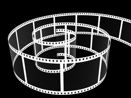 Old retro film strip with empty transparent frames. Isolated on black background. Reel cinema filmstrip template. Vintage movie and photography design. 3d renderの写真素材