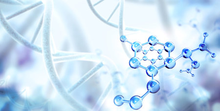 Horizontal banner with abstract molecular structure, DNA and copy space for text. Genetic engineering, GMO, gene manipulation concept. Hi Tech technology in field of genetic engineering. 3d renderの写真素材