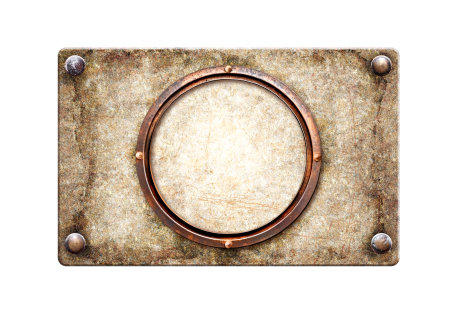 Old metallic plank with rivets and round frame. Vintage metal plate with nails. Isolated on white background. Can be used for steampunk, retro and vintage design. Mock up template. Copy space for textの写真素材