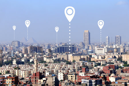 Planning a tourist trip. Top view of Cairo with Great Pyramids and location pin. Travel way,  find trip, point navigation concept. Global positioning system pin map. Modern travel, sightsee, tourismの写真素材