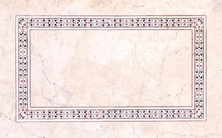 Frame with ancient tile decor on marble wall. Vertical or horizontal border with floral ornament. Mock up frame template. Copy space for textの写真素材