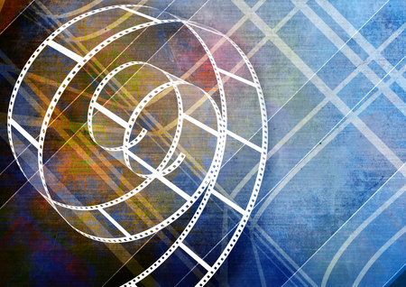 Grunge background with old paper texture and retro filmstrip frame. Horizontal or vertical retro banner with film reel. Vintage backdrop with filmstrips. Copy space for textの写真素材