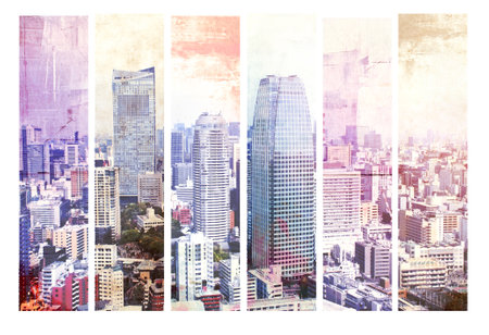 Set of banners with old paper texture and skyscrapers. Collection of grunge retro banner with urban scene. Vintage backdrops set with metropolis. Multifaceted perspective on cityscape conceptの写真素材