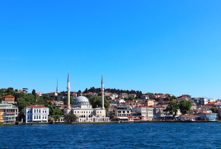 View from Bosphorus to old houses and mosque, Turkey, Istanbul. Golden Horn bay and summer cityscape at sunny day, Istanbul. Topic of vacation, travel, trip abroad on vacation, cruises and toursの写真素材