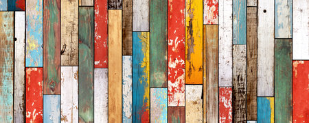 Texture of vintage wood board with cracked paint. Horizontal or vertical retro background with wooden plank with old paint of different color. Full pattern for banner or skinali with wood textureの写真素材