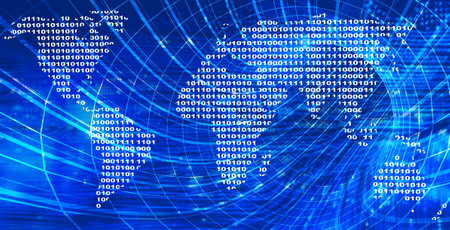 Horizontal futuristic background with mesh tunnel, map of the world from a binary code and abstract circuit board. Global communication, cyber technology, internet and networking concept. 3d renderの写真素材