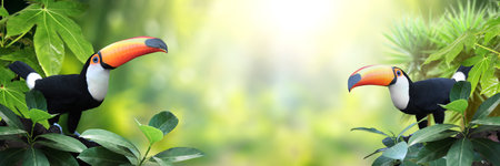 Horizontal banner with two colorful toucan birds (Ramphastidae) in a rainforest. Couple of toucan bird and leaves of tropical plants on sunny  background, creating a vibrant and eye-catching scenicの写真素材