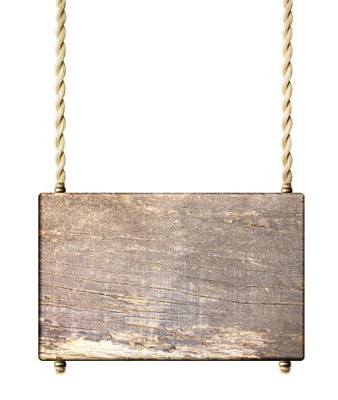 Decorative background with old board hanging on rope. Vintage wood signboard suspended on a rope. Isolated on white background. Mock up template. Copy space for textの写真素材