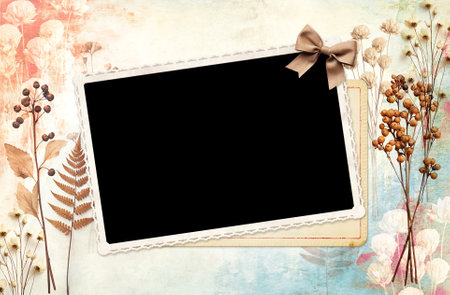 Nostalgic scrapbooking banner with moodboard pictures for scrapbooking. Retro background with paper...