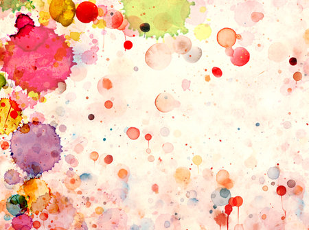 Bright colorful watercolor splash on retro paper texture. Colorful ink splashes of red, blue, maroon, yellow color. Splatter stain and droplet on paper background. Horizontal backdrop with paint dotsの写真素材