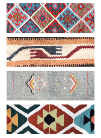 Set of vertical or horizontal banners with textures of berber traditional wool carpet with geometric...