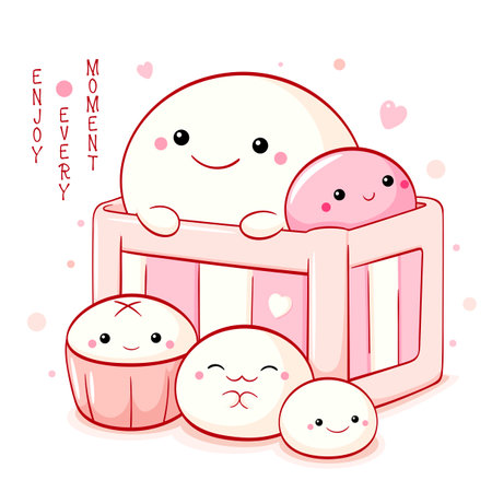Cute asian dessert in kawaii style. Traditional Chinese mantou buns in pink gift box. Inscription Enjoy every moment. Can be used for t-shirt print, sticker, greeting card. Vector illustration EPS8のイラスト素材