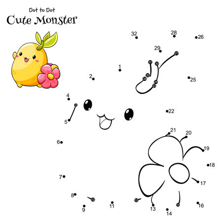 Connect The Dots and Draw Cute Little monster. Dot to dot puzzle with cartoon happy baby monster with flower. Educational Game for Kids. Drawing for Preschool children. Vector Illustration EPS8のイラスト素材