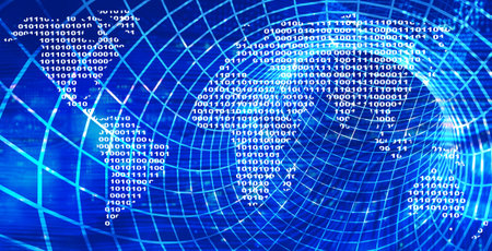 Horizontal futuristic background with mesh tunnel, map of the world from a binary code and abstract circuit board. Global communication, cyber technology, internet and networking concept. 3d renderの写真素材