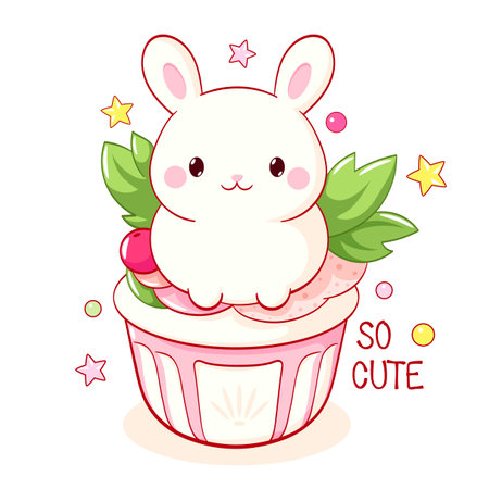Little bunny with dessert in kawaii style. Cake, muffin and cupcake with whipped cream and berry. Inscription So cute. Can be used for t-shirt print, sticker, greeting card. Vector illustration EPS8のイラスト素材
