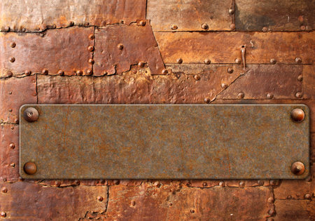 Old metallic plank with rivets on rusty metal surface. Vintage metal plate with nails. Can be used...