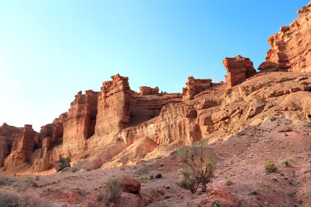 Picturesque scenery of Charyn Canyon in the sunset light, northern region of Tien Shan Mountains....