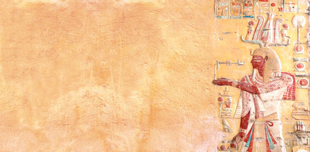 Horizontal background with ancient Egyptian-inspired colorful wall painting that evokes atmosphere...