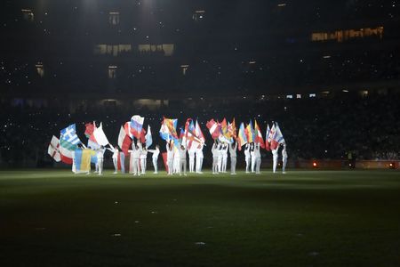 DONETSK, UKRAINE - AUGUST 29: Night view of the opening of Shakhtar Donetsk's new soccer stadium August 29, 2009 in Donetsk, Ukraineのeditorial素材