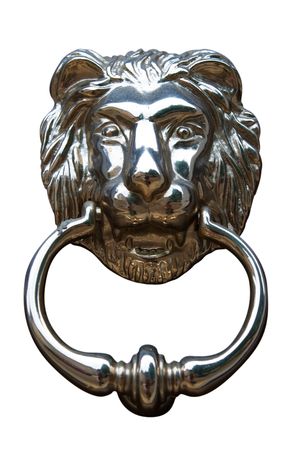 Lion's head door knocker. Isolated on white,の写真素材