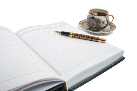 Morning planning for the day in a notebook with a cup  coffee. Isolated on white.の写真素材