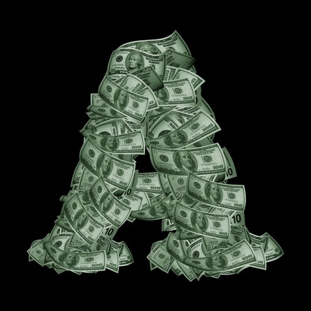 Alphabet made from dollars USA isolated on a black background. Letter -  Aの写真素材