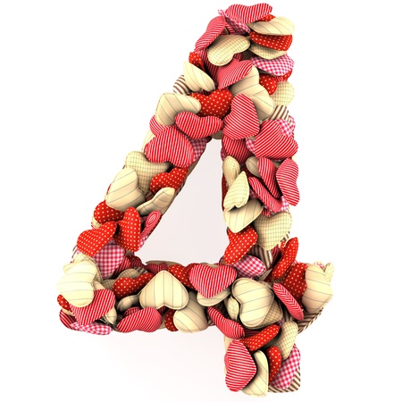 Number Four, made from soft cushions in the shape of Hearts. Isolated on white