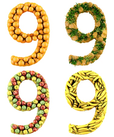 Number 9, made of oranges, pineapples, apples and bananas  3d render  Isolated on a white の写真素材