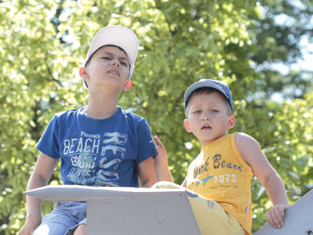 KHARKIV, UKRAINE - MAY 09: Children on  military equipment of Victory Day on Freedom Square on May...