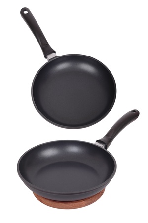 Set of empty frying pans  Isolated on whiteの写真素材