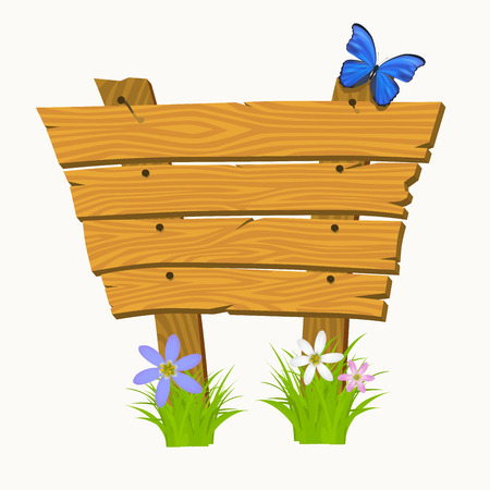 Wooden signboard with flowers and butterflies. Vector illustrationのイラスト素材