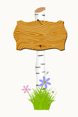 Wooden signboard with flowers and butterflies. Vector illustrationのイラスト素材