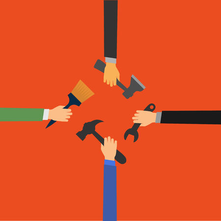 Various tools in the hands. Flat design style illustration.のイラスト素材