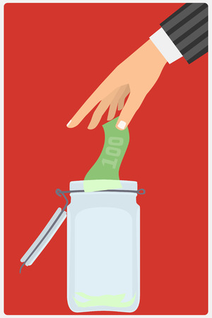 Flat design style vector illustration. Businessman's hand throwing a glass jar hundred-dollar bill. Financial concept. Isolated on red backgroundのイラスト素材