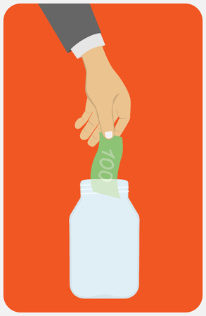 Flat design style vector illustration. Businessman's hand throwing a glass jar hundred-dollar bill. Financial concept. Isolated on red backgroundのイラスト素材