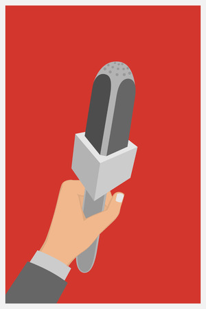 Hand holding a microphone, press conference, vector illustration of a flat icon.のイラスト素材